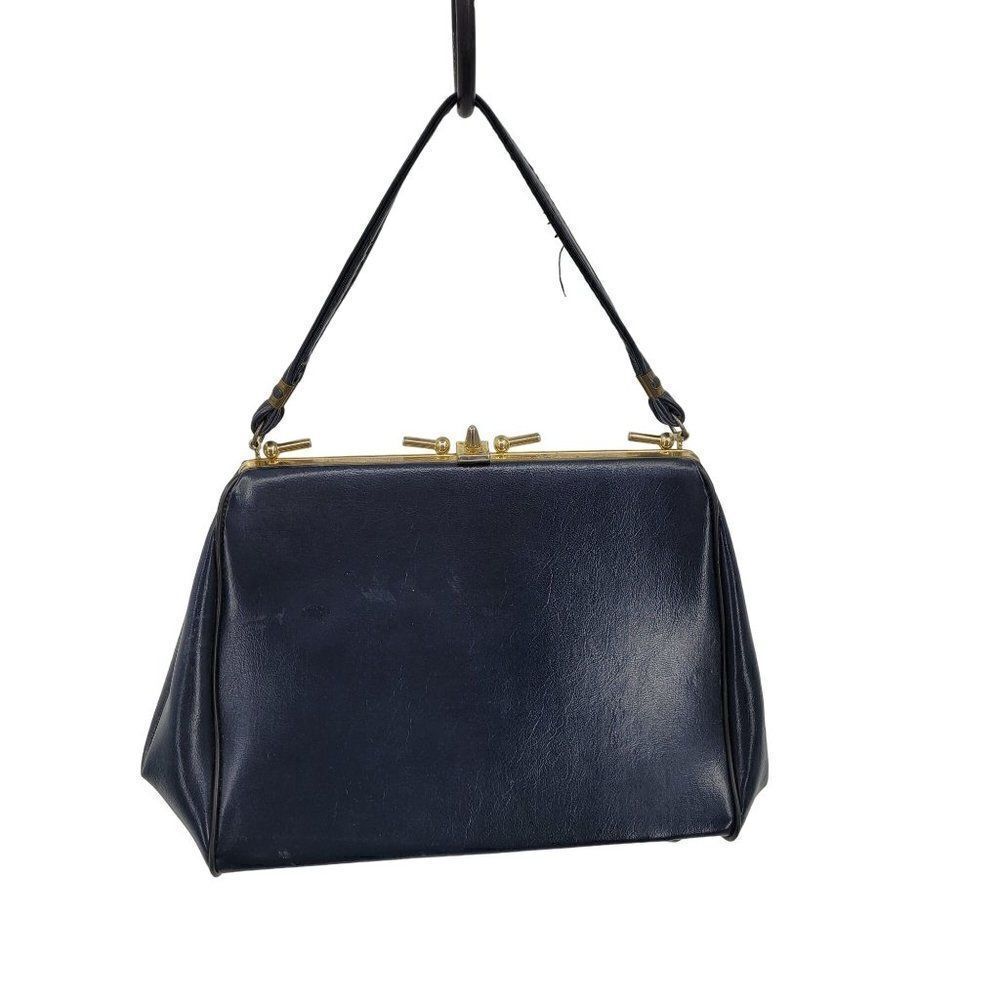 Vintage 60's Handbag Top Handle Vegan Framed‎ Clasp Closure Midnight Blue Gold